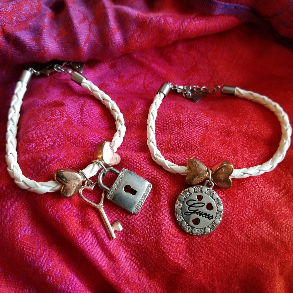 Two Guess charm bracelets silver tone white braided key hearts